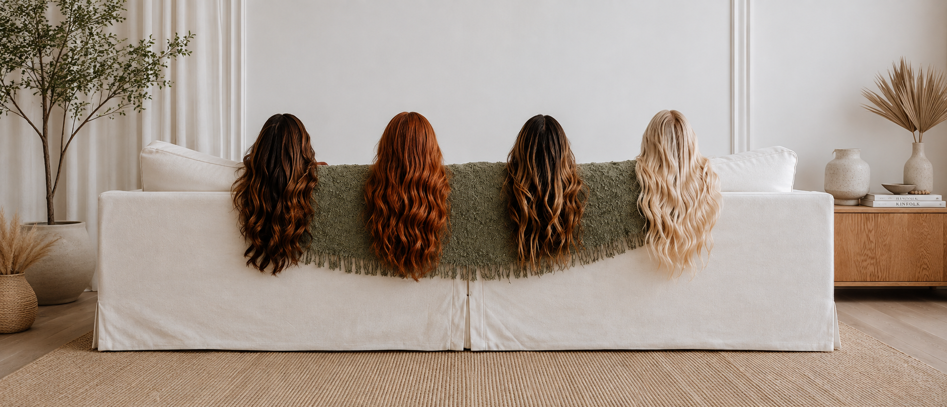 Four women with long, wavy hair sitting on a white sofa, facing away. The woman on the right has platinum blonde hair, the next has black hair with highlights, and two women in the middle have red hair. The sofa is in a modern, minimalistic living room with neutral tones and decorative plants.