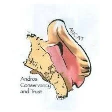 A humorous illustration of a cat's face, with the nose labeled 'Andros Conservancy and Trust' and the tongue labeled 'ANCAT.'