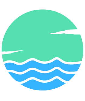 A circular icon depicting a stylized ocean wave scene with a light green sky and blue wavy water.