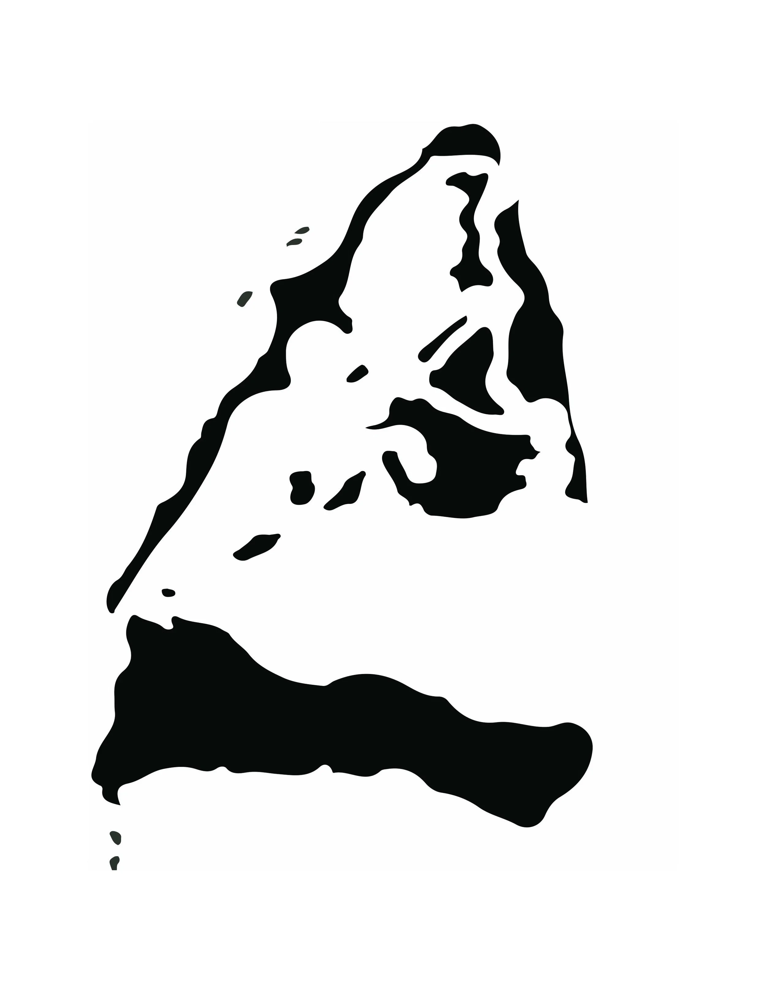 A black and white, high-contrast silhouette of a dog, likely a collie or similar breed, with focused, alert expression.