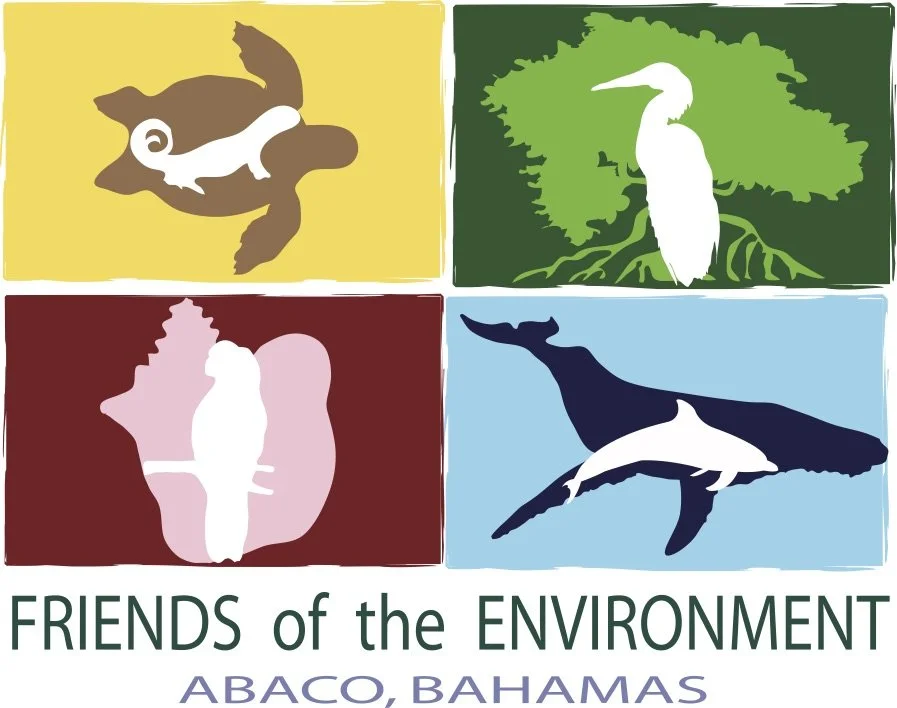 Illustration of four animals representing friends of the environment in Abaco, Bahamas: a turtle, a heron, a parrot, and a whale, each against a different colored background with the text "Friends of the Environment Abaco, Bahamas" below.
