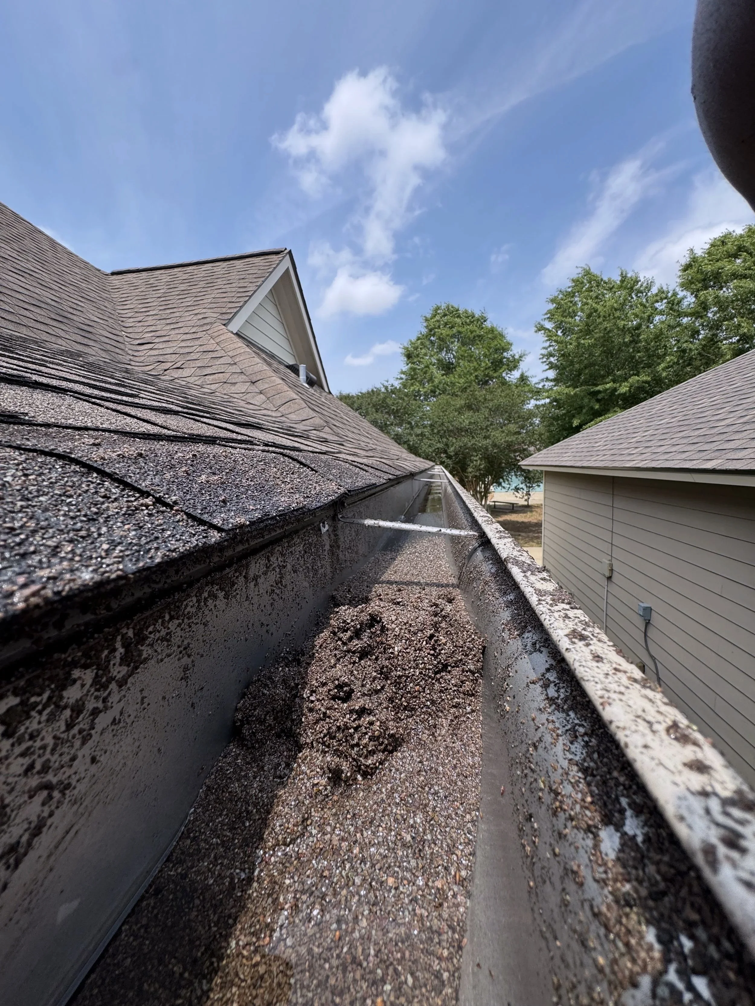 Close-up view of a roof gutter filled with small gravel and debris, with a house and trees in the background under a partly cloudy sky.