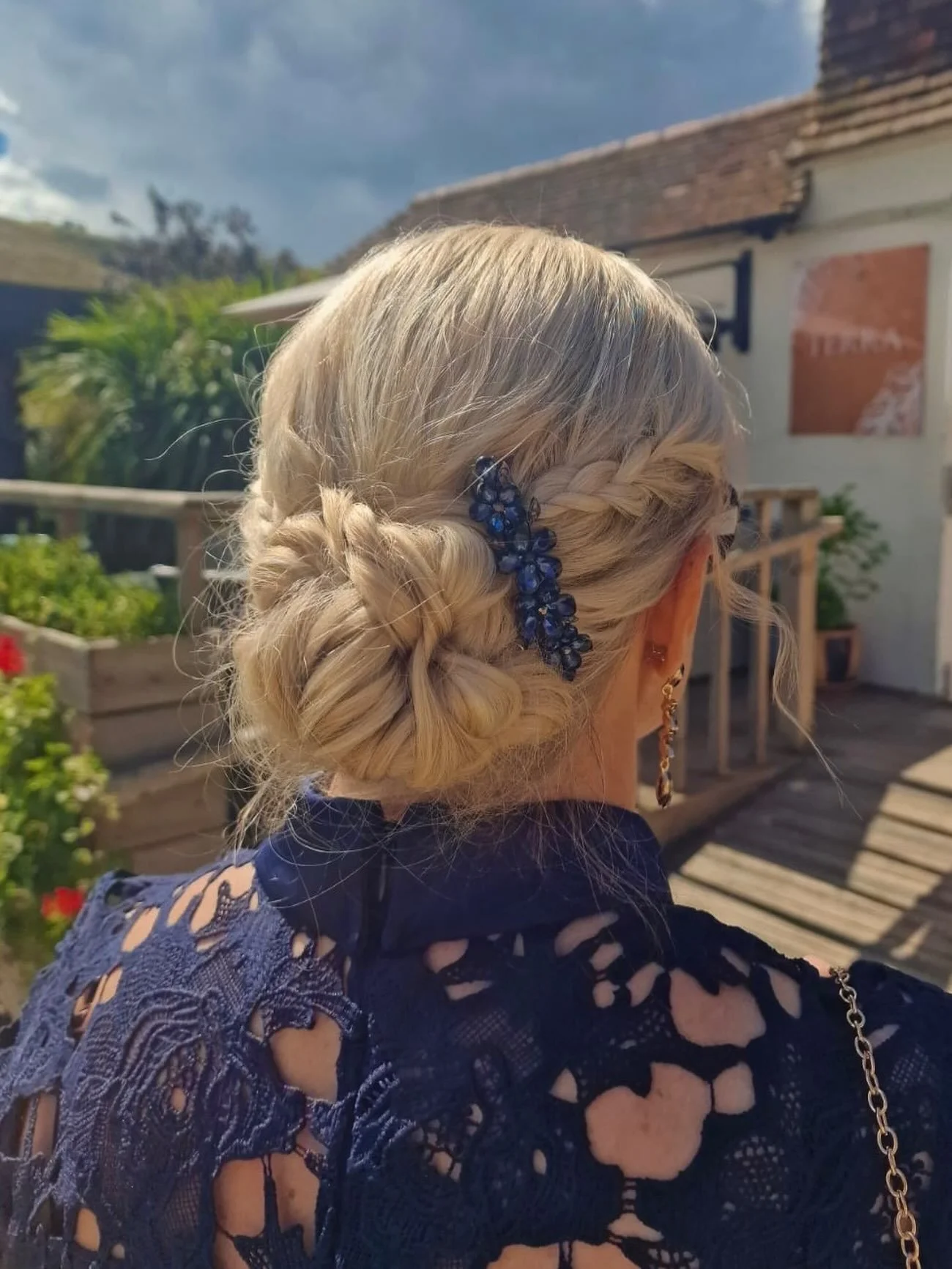 ✨ Elegant, effortless &amp; oh-so-chic ✨

A beautifully textured updo with soft braiding, a romantic low bun and delicate blue floral detailing 💙🌸 Perfect for weddings, special occasions💗

DM to book your occasion hair!

#UpdoHair #HairUp #BridalH