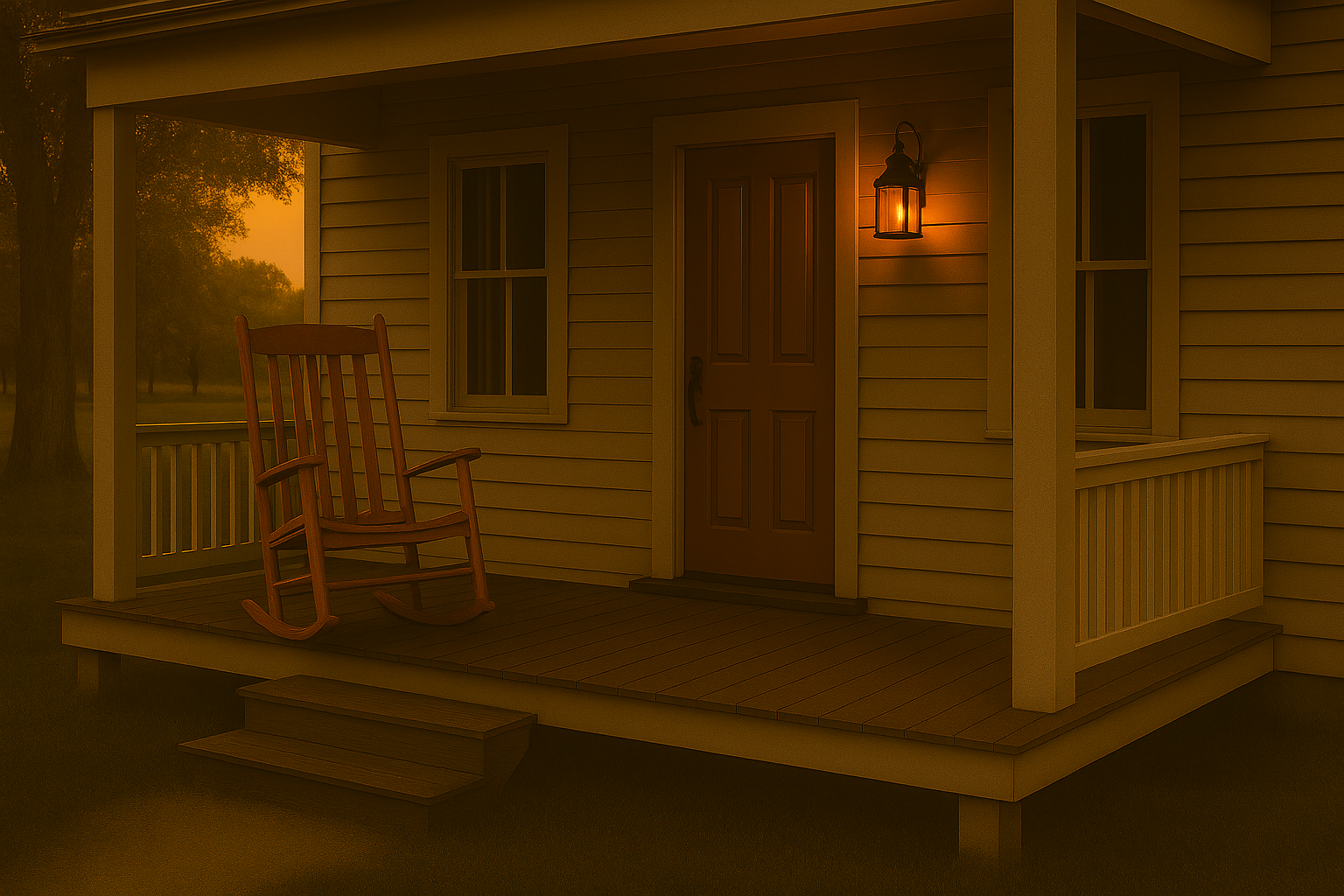 A cozy porch scene with a rocking chair, a door with a lantern light, and two windows, during sunset or dusk.