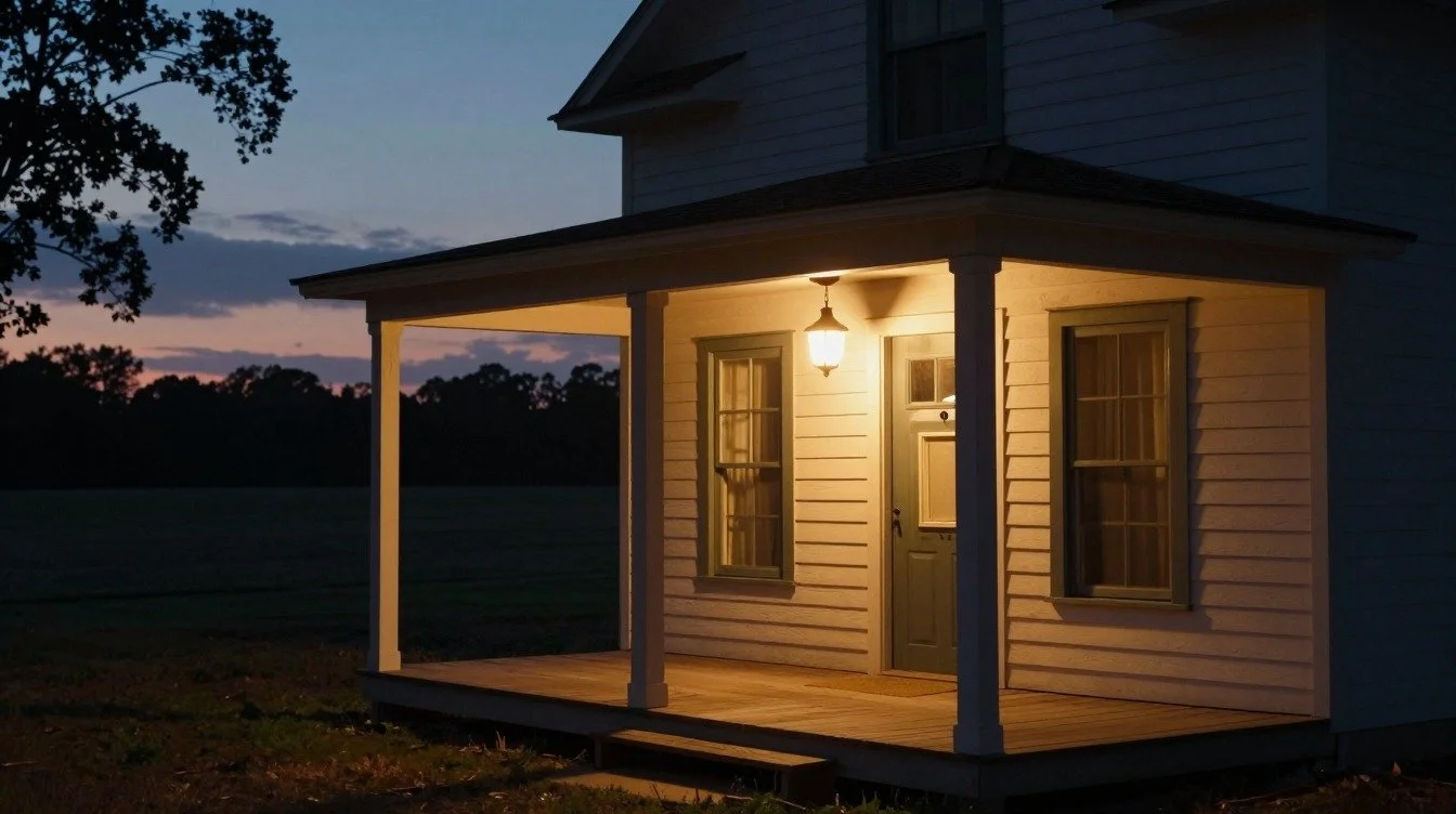 A small house at sunset with a porch, the house has white siding, a green door, and a lit porch light.