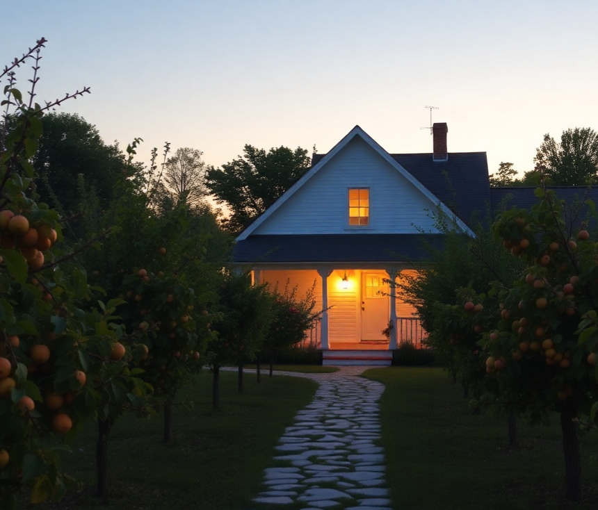 A white house with a porch illuminated by a warm light, situated in a garden with fruit-bearing trees, during sunset.