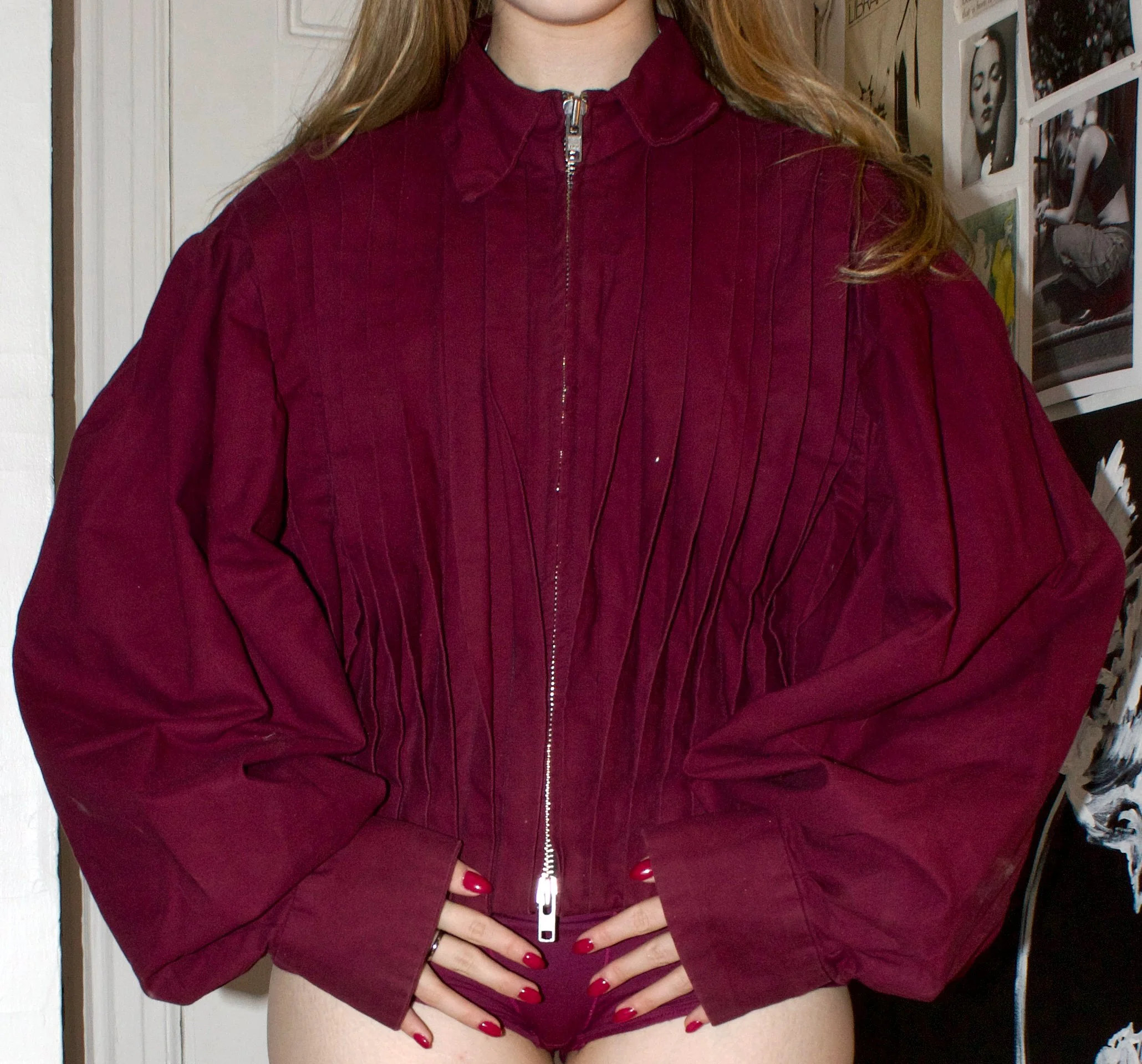 Plum, pleated cotton jacket. Striped silk lining. Reversible silver zipper. Box pleated balloon sleeve. 