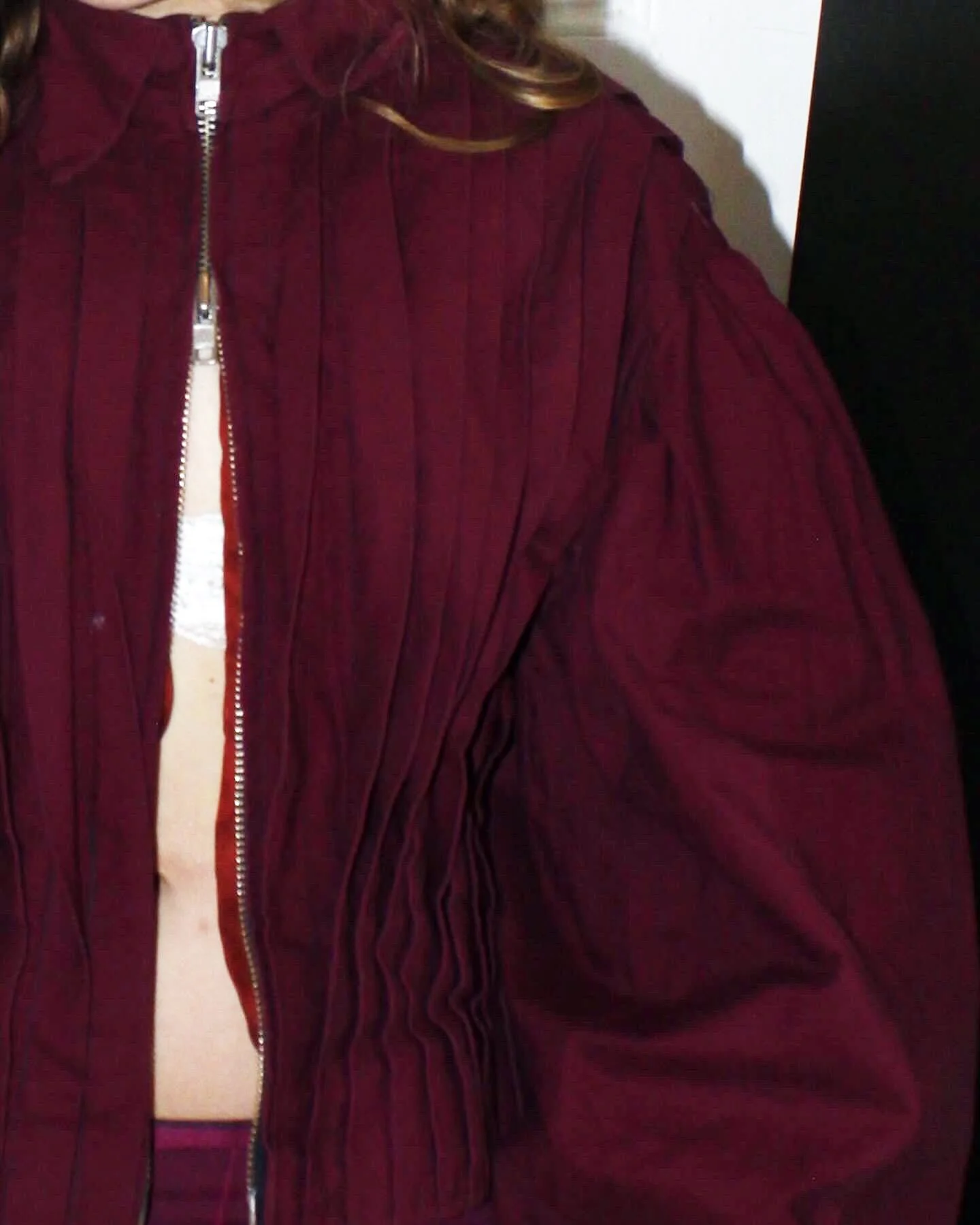 Plum, pleated cotton jacket. Striped silk lining. Reversible silver zipper. Box pleated balloon sleeve. 