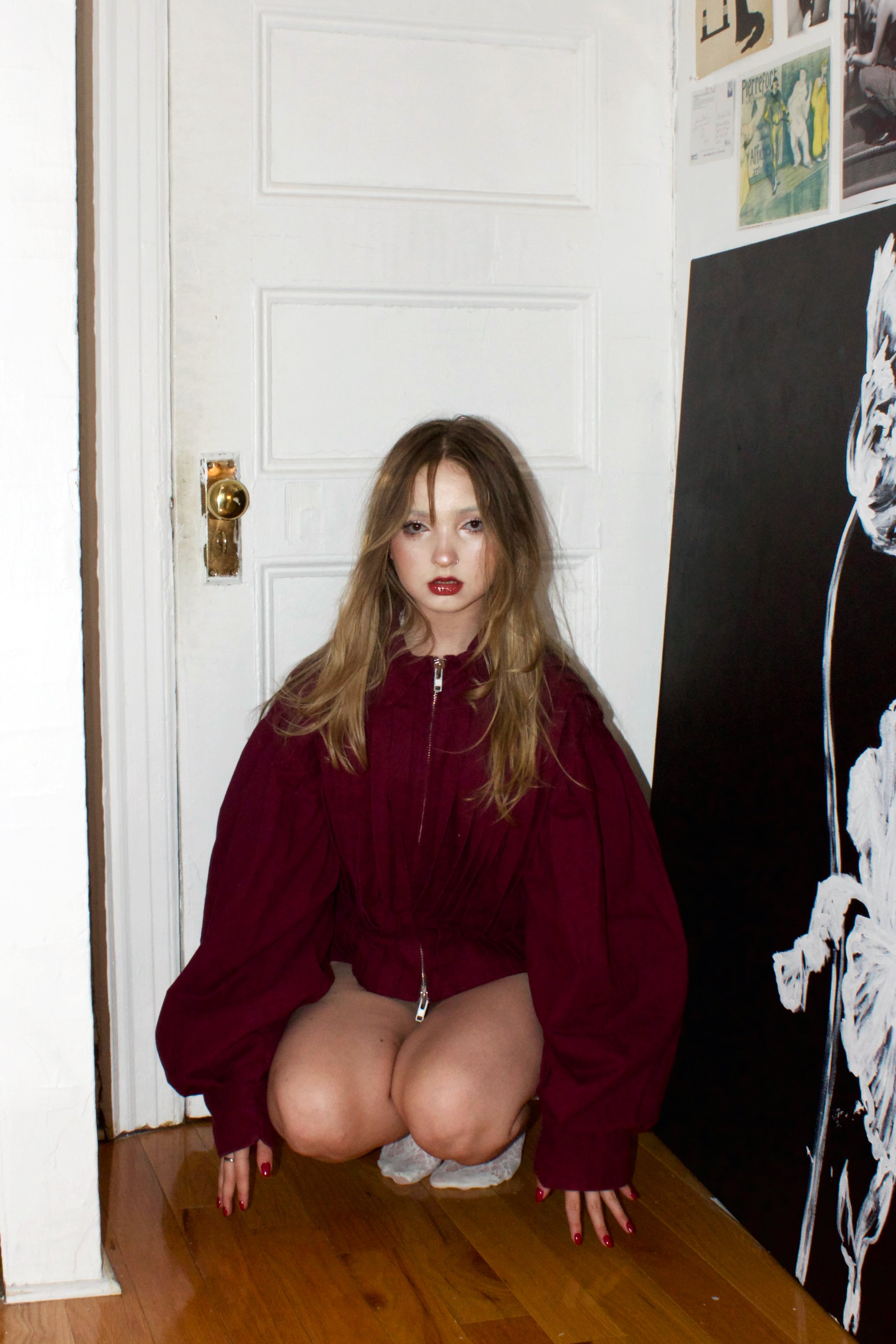 Plum, pleated cotton jacket. Striped silk lining. Reversible silver zipper. Box pleated balloon sleeve. 