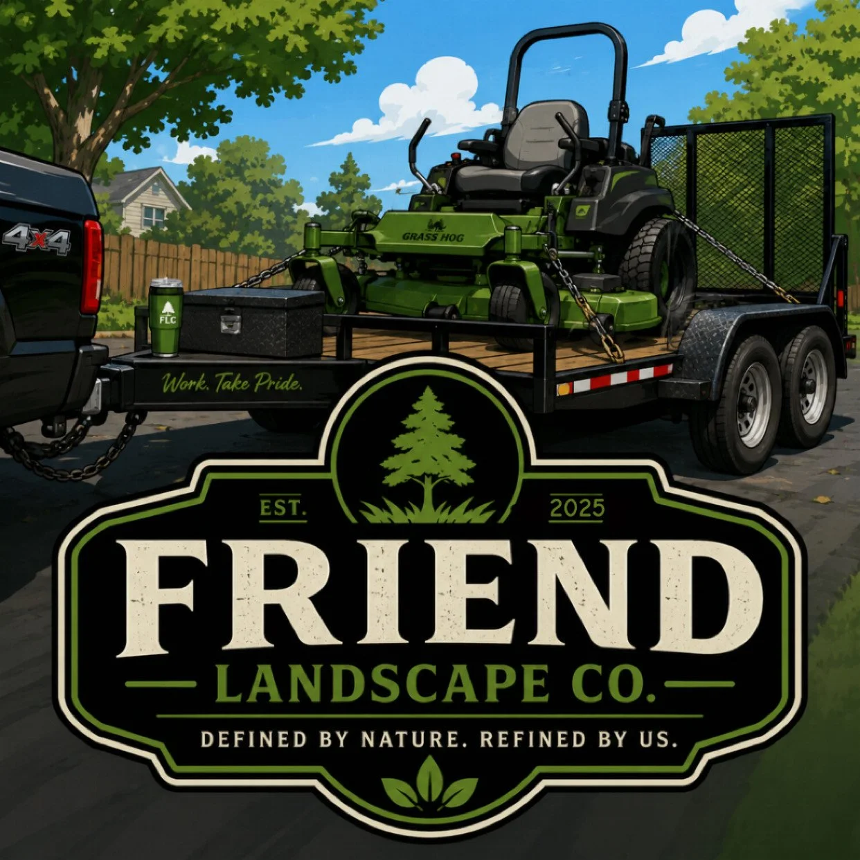 A logo for Friend Landscape Co. with a green and black color scheme, a tree graphic, and the slogan 'Defined by Nature. Refined by Us.' over a background featuring a green lawn mower on a trailer attached to a truck and a neighborhood scene with trees and houses.