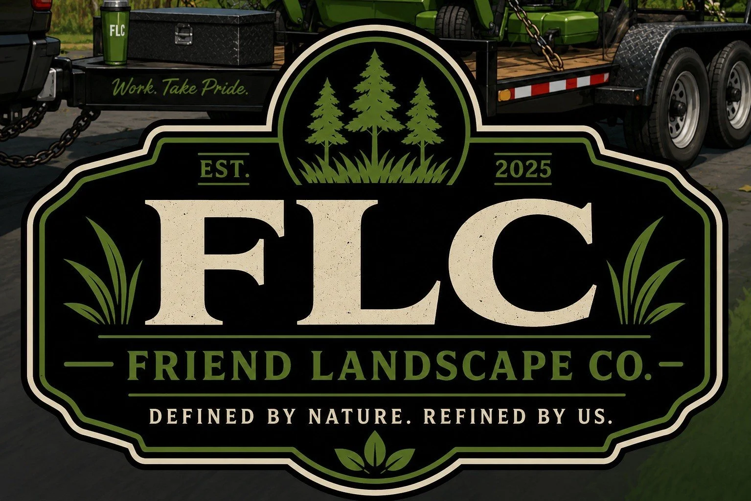 Log for Friend Landscape Co. featuring a black background with green accents, displaying three evergreen trees at the top, the text 'FLC' in large letters, and the slogan 'Defined by nature. Refined by us.' at the bottom.