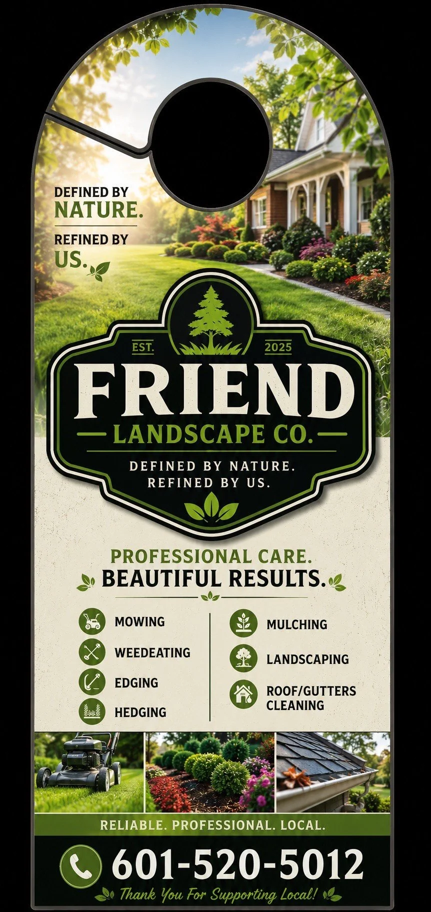 A landscaped yard with a house in the background, trees, and a lawn. The image is seen through the top of a black, oval-shaped sign for Friend Landscape Co, which offers garden and yard care services.