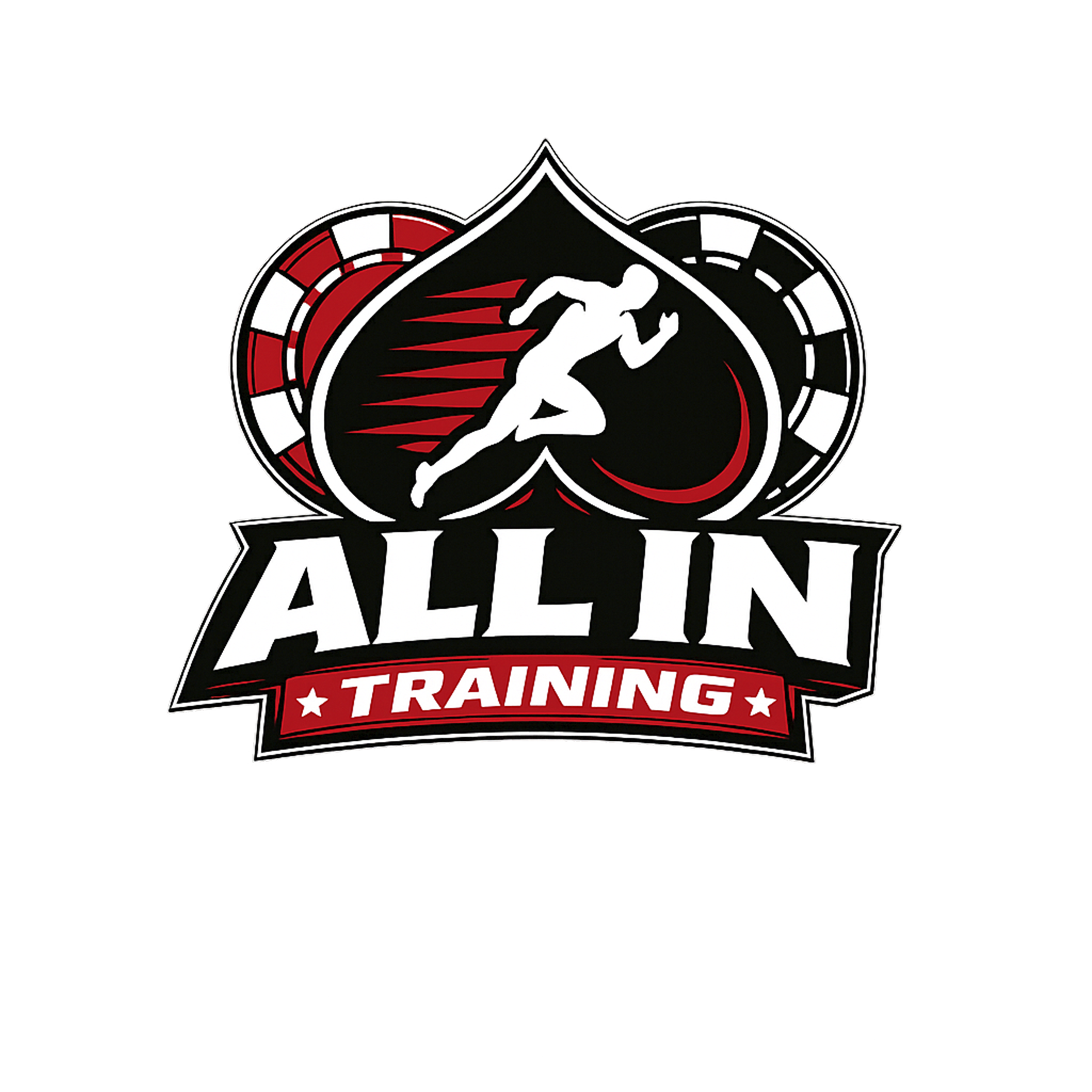 Logo with a black background, a circular emblem featuring a stylized runner in white, surrounded by a red and black border, with the words 'ALLIN' and 'TRAINING' in white and red text.