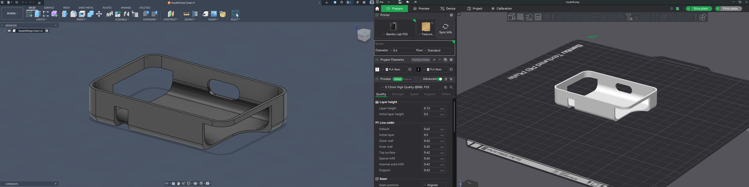 Side-by-side screenshots of 3D CAD software showing a 3D model of a small rectangular container with rounded edges and cutouts, one in gray high-detail view and the other in white with a grid background.
