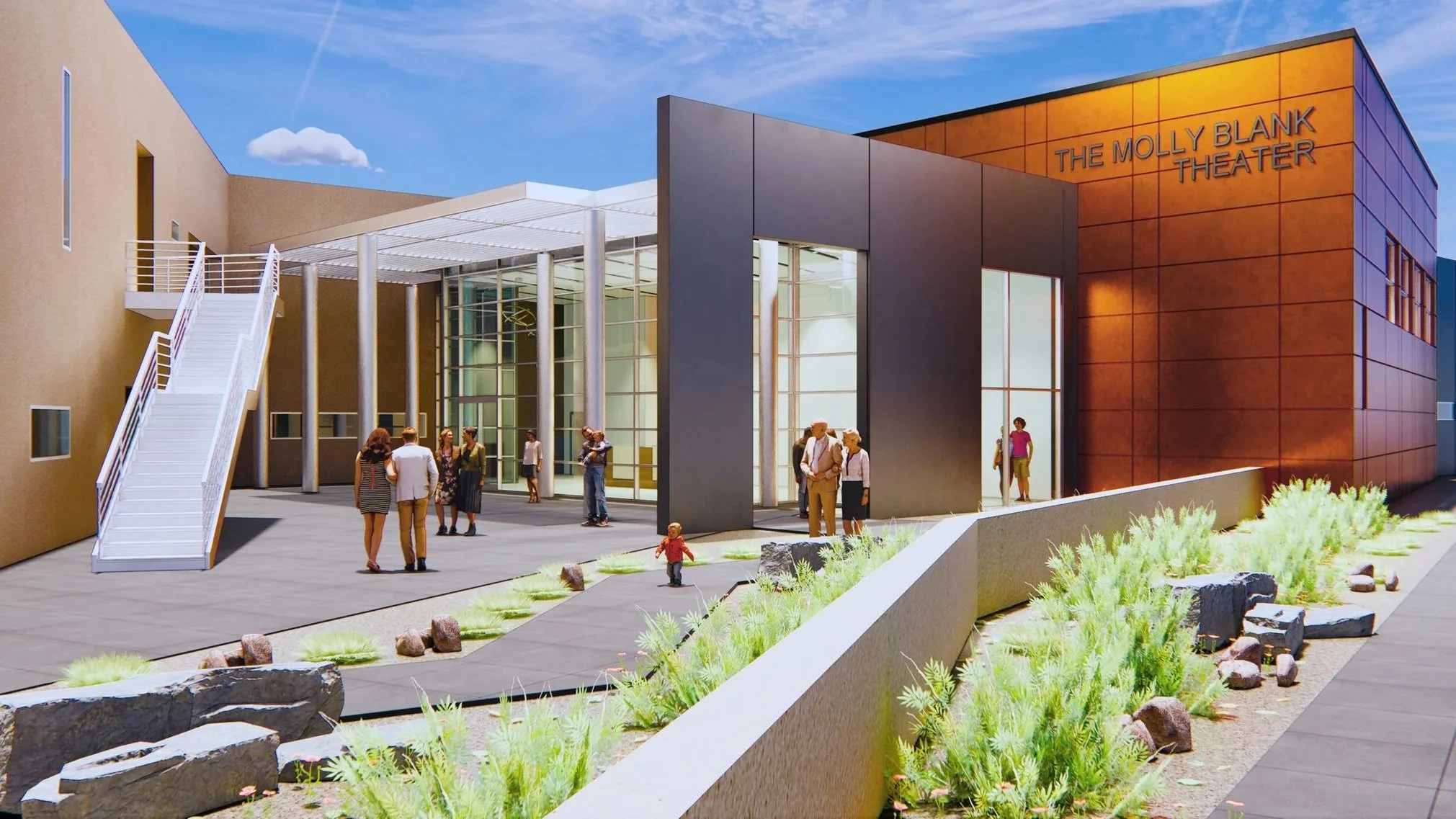People walking and standing outside the colorful Molly Blank Theater building with a modern design, large glass windows, and a sign displaying its name.