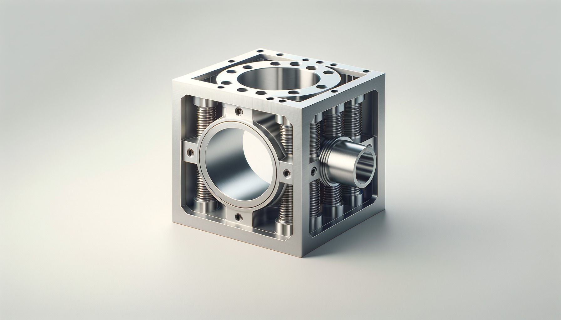 A metallic engine component with springs and cylindrical openings, resembling a CNC machined mechanical part.