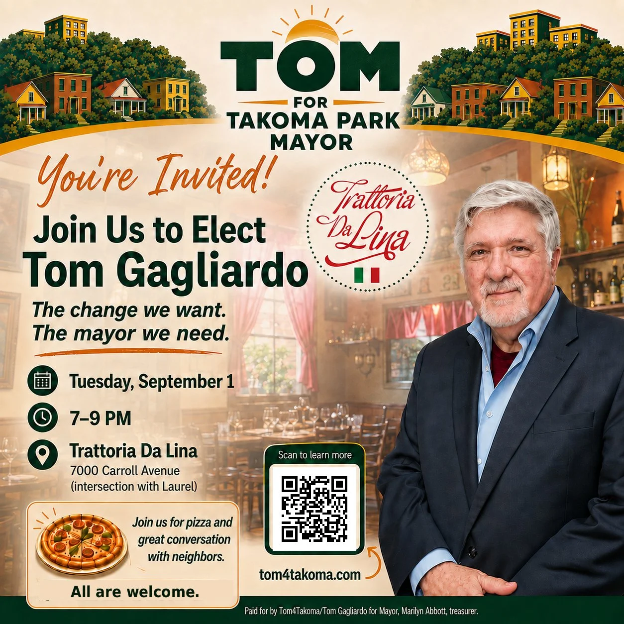 September 1, we&rsquo;re kicking things off! 

Join me at @trattoriadalinatkpk for an evening of pizza, conversation, and neighbors coming together to discuss the future of Takoma Park. Come by, say hello, bring a friend, ask me questions, and tell m