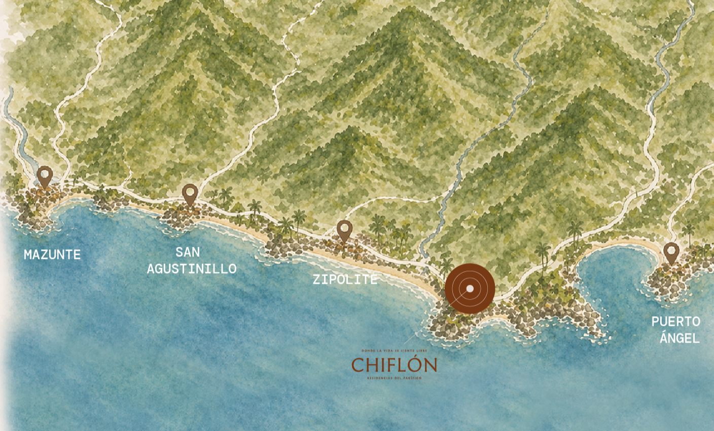 Mapa ilustrativo de Chiflón con ubicaciones marcadas en la costa, incluyendo Mazunte, San Agustinillo, Zipolite y Puerto Ángel, en la región del Pacífico, rodeado de zonas verdes y playas.