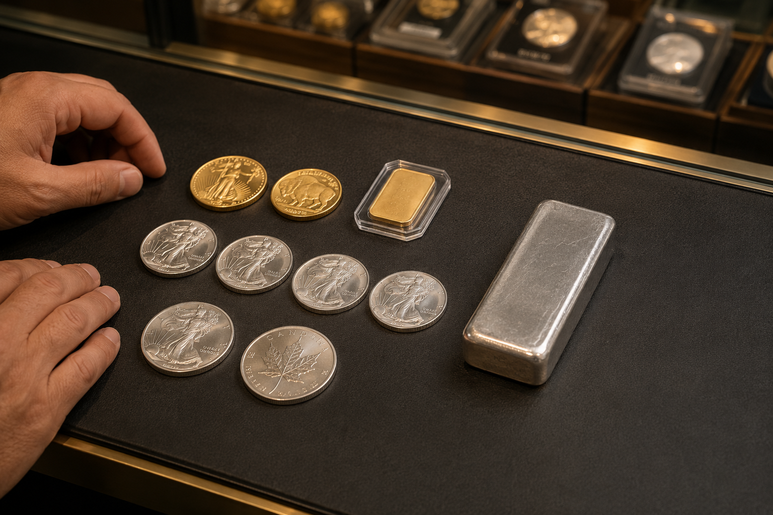 First-time buyer comparing gold coins, a gold bar, silver rounds, Silver Eagles and a silver bar at Sahara Coins in Las Vegas.
