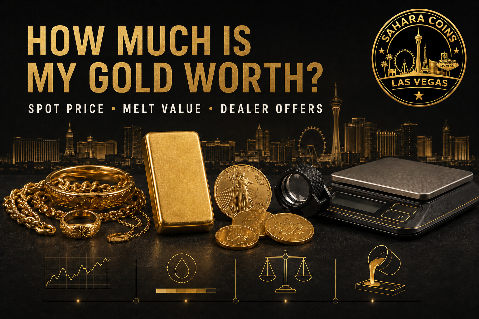 Gold jewelry, coins and bullion being weighed and evaluated to explain spot price, melt value and gold offers at Sahara Coins in Las Vegas.