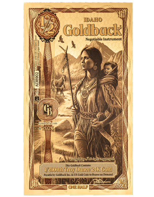 Idaho Alpha 1/2 Goldback Native American With Baby on Back on 24kt gold Currency