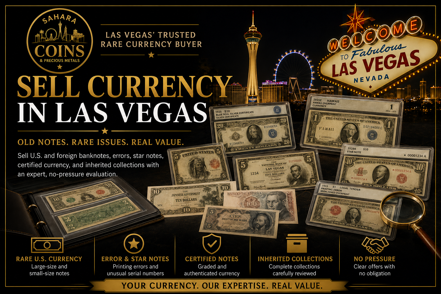 Rare United States banknotes, error notes and collectible currency evaluated by Sahara Coins in Las Vegas.