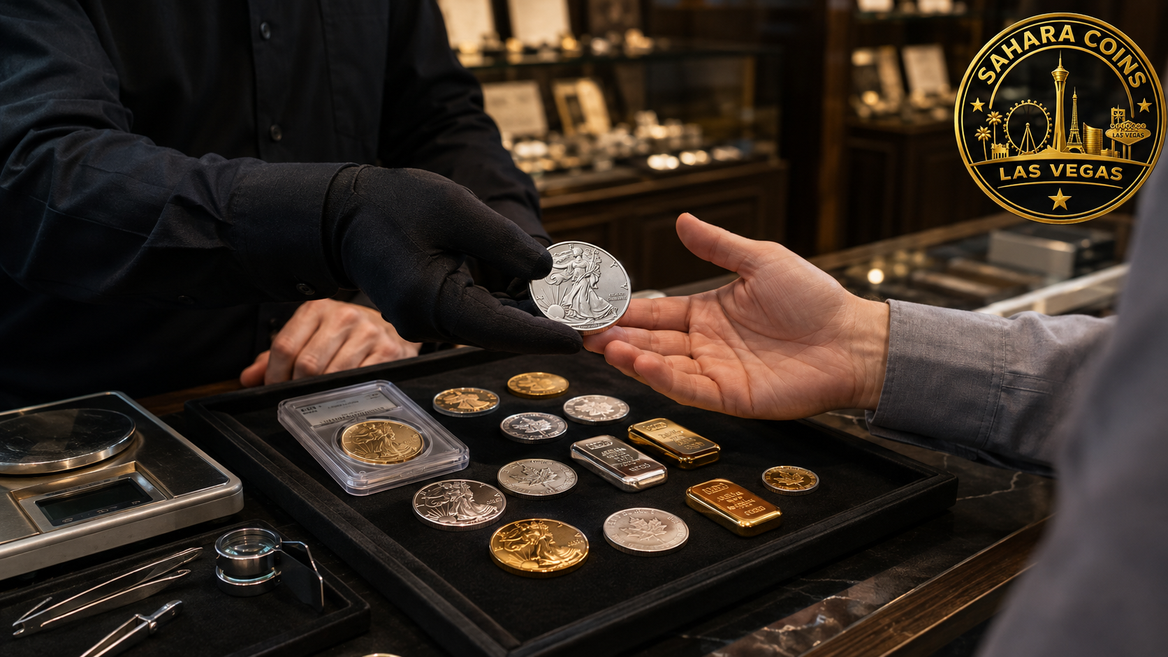 Customer comparing gold, silver and collectible coins with a professional Las Vegas coin and bullion dealer