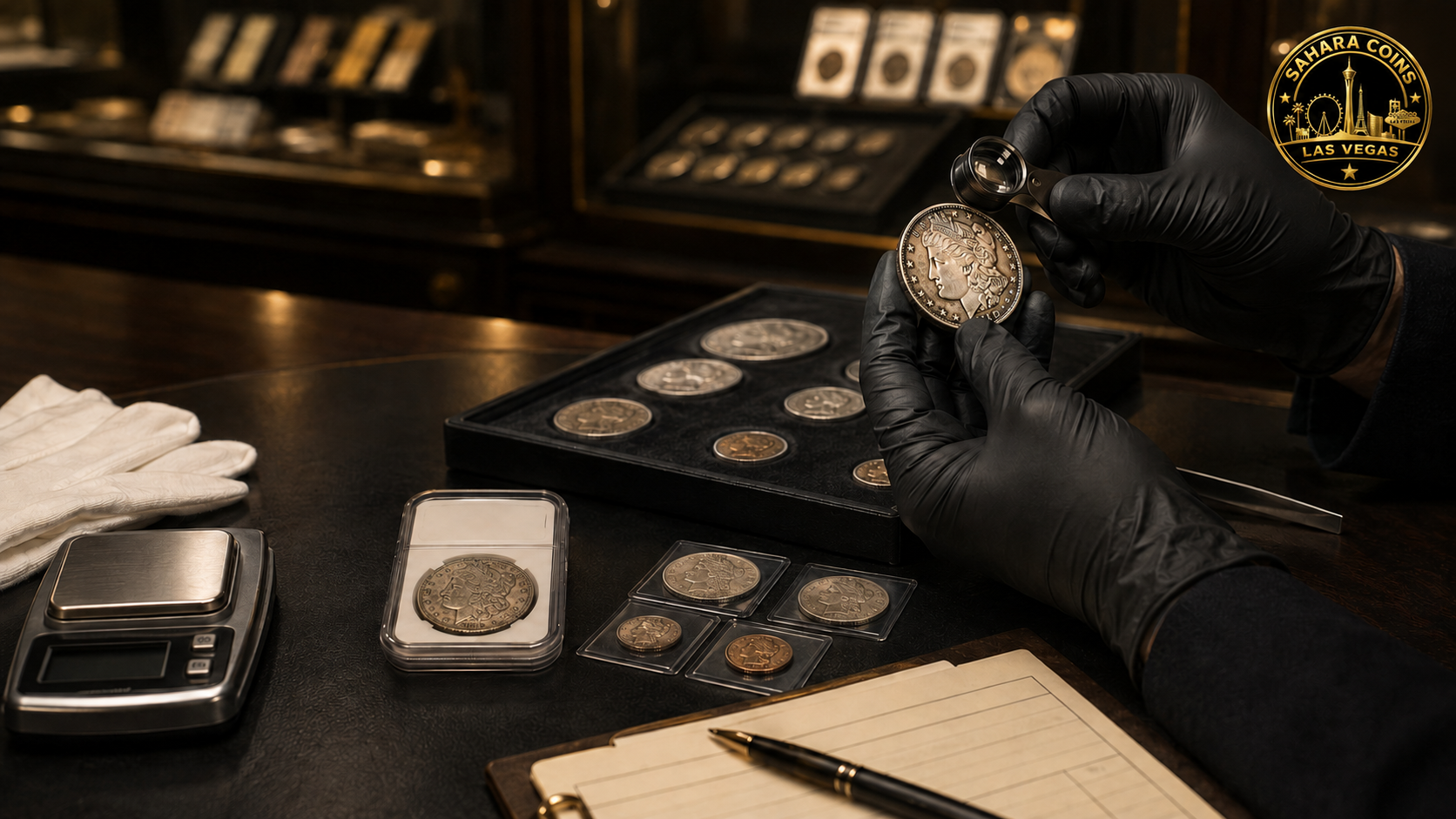 Professional numismatist examining a silver coin during a coin collection appraisal at Sahara Coins in Las Vegas.