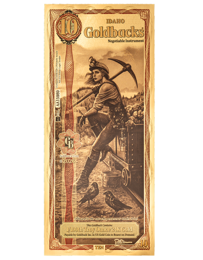 A novelty $10 bill designed to look like a collectible item, featuring a woman with a pickaxe in a frontier or mining setting, with musical notes, birds, and a landscape in the background, and gold-themed details.