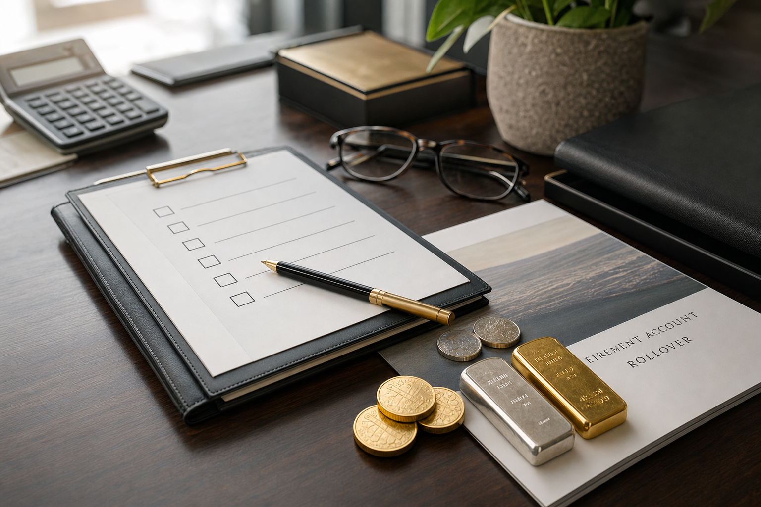 Gold bullion coins and a sealed gold bar displayed beside IRA custodian documentation.