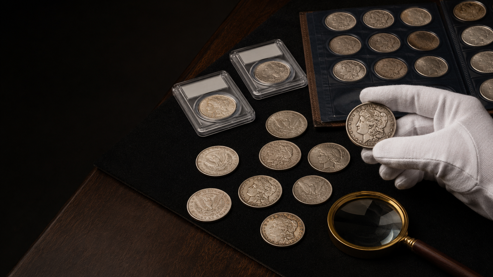 Morgan and Peace silver dollars evaluated by Sahara Coins in Las Vegas.