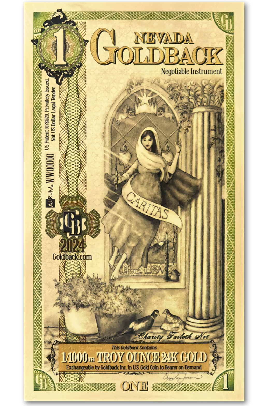 A novelty gold-backed banknote labeled as Nevada Goldback, worth one Troy ounce of 24-karat gold, featuring religious iconography including a woman with a sash labeled 'Caritas', holding a torch and a chain, behind columns, with birds and flowers at the bottom, and decorative borders with gold and green details.
