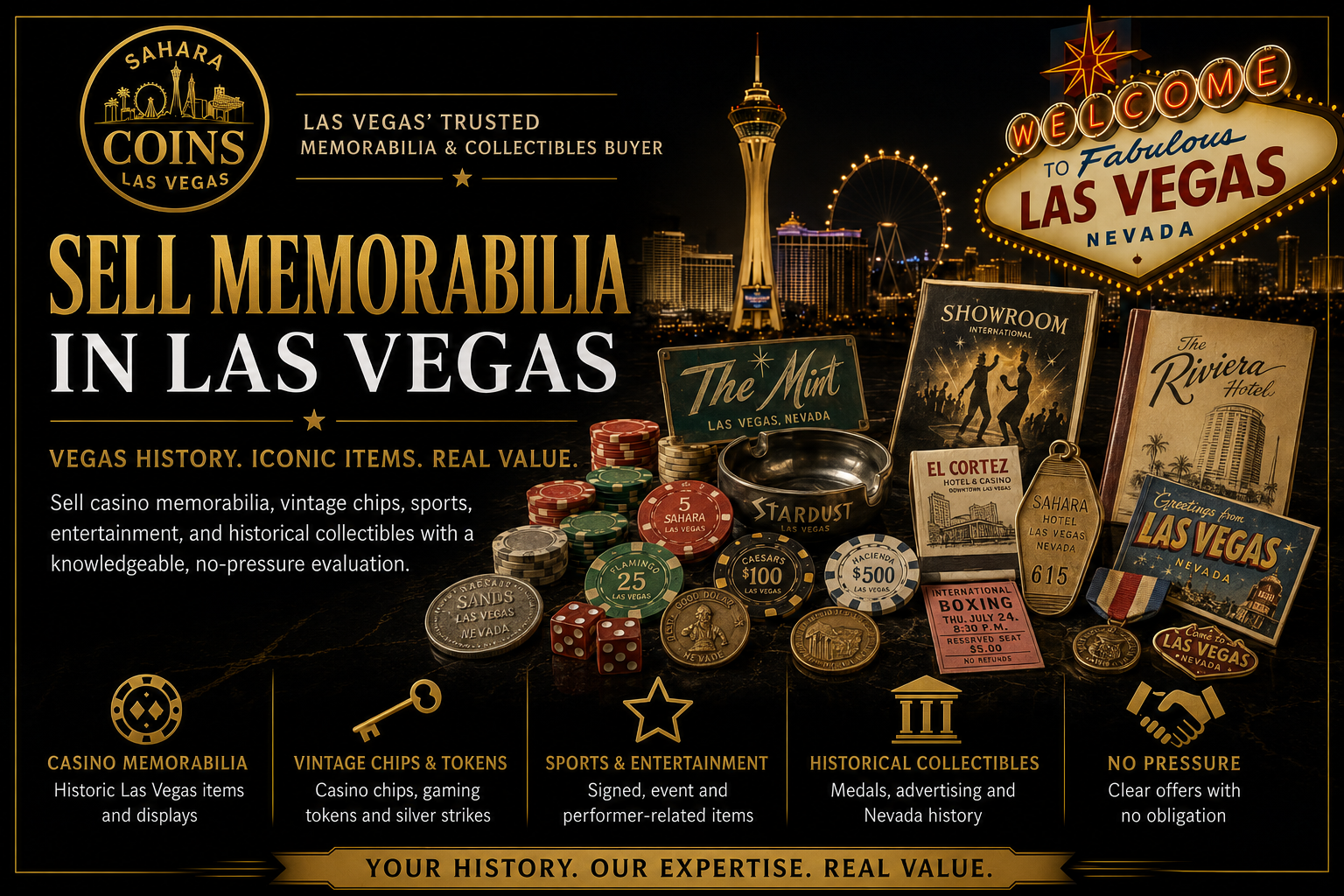 Las Vegas casino chips, sports memorabilia and historical collectibles evaluated by Sahara Coins.