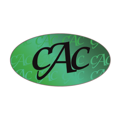 Green oval logo with black letters 'CAC' and a background pattern of smaller, lighter 'CAC' text.