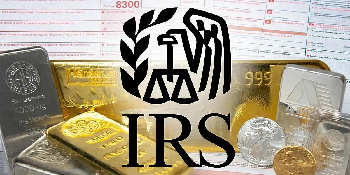 Silver and gold bars and coins with the IRS logo overlay.