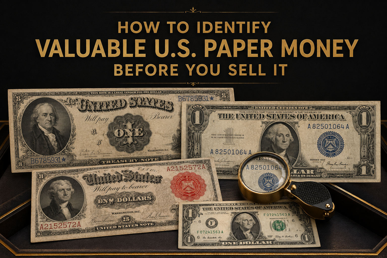 Collectible U.S. paper money with red and blue seals, a star note, and a magnifying glass highlighting valuable currency details.
