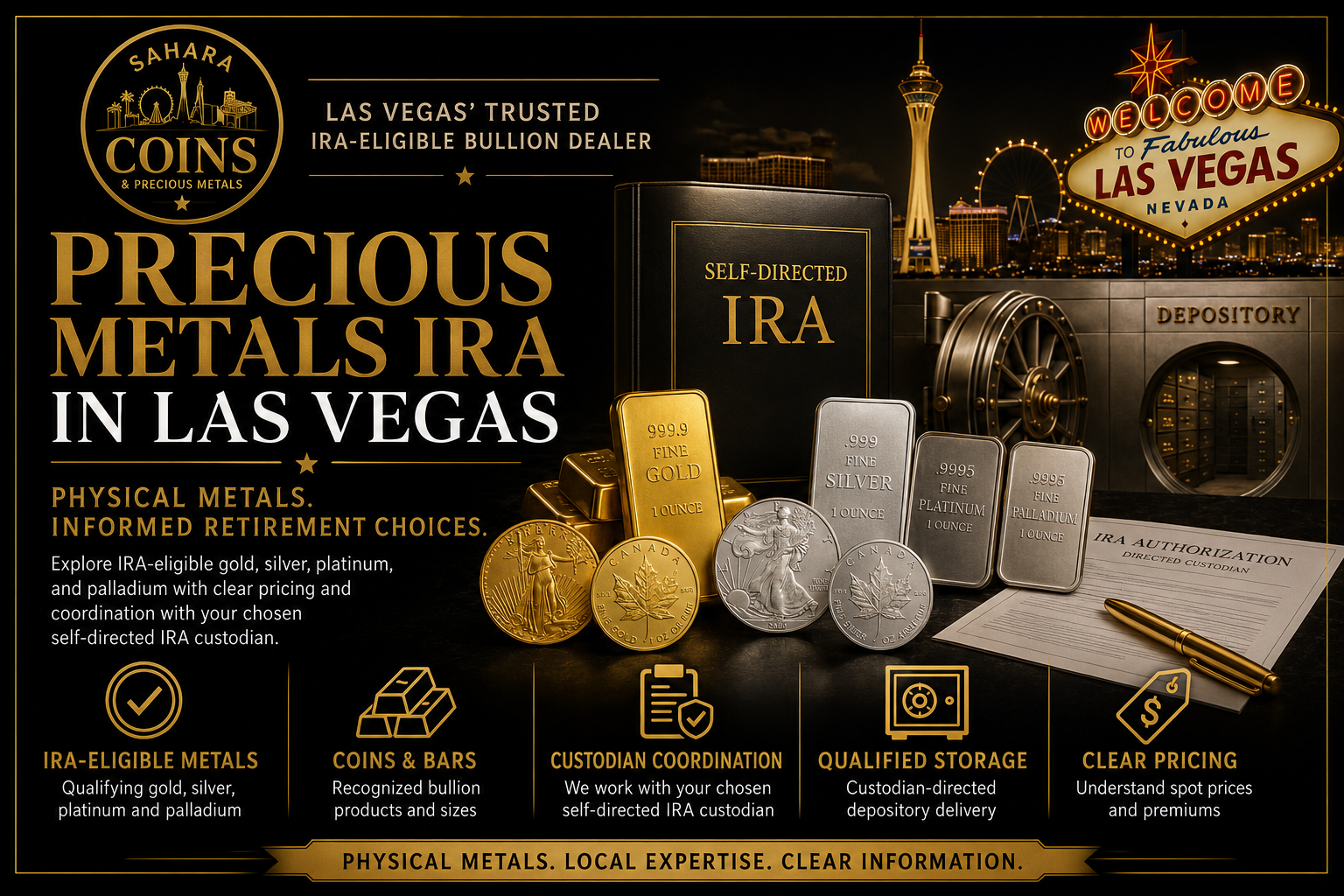 IRA-eligible gold and silver bullion available through Sahara Coins in Las Vegas.