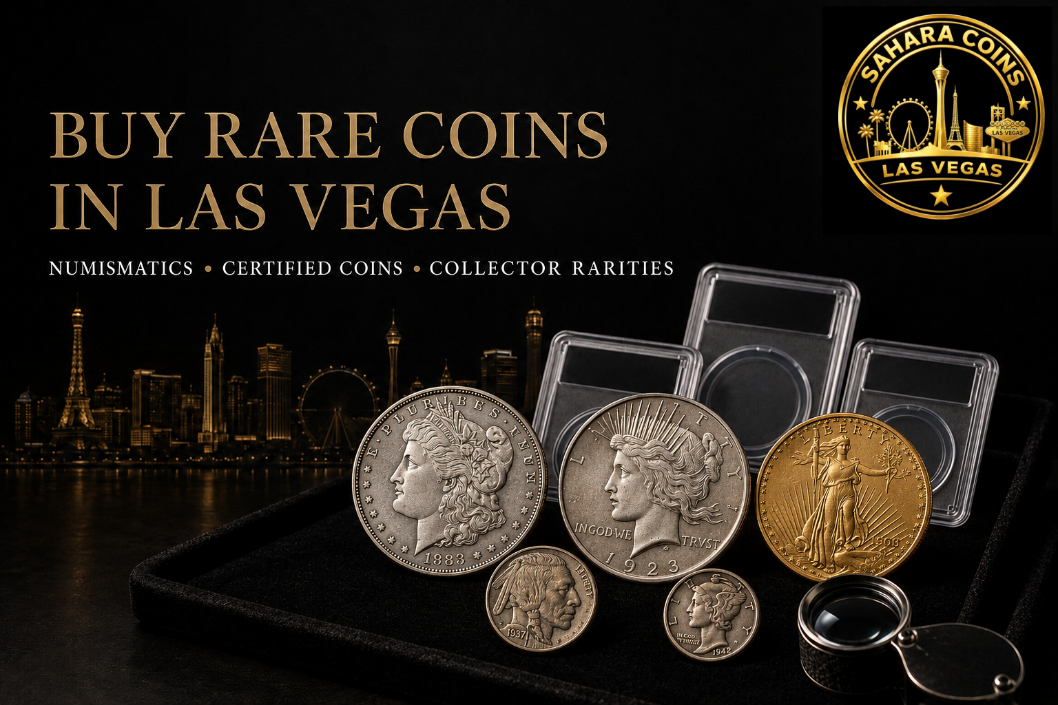 Certified rare coins, Morgan and Peace Dollars, pre-1933 U.S. gold, and other numismatic coins available from Sahara Coins in Las Vegas.