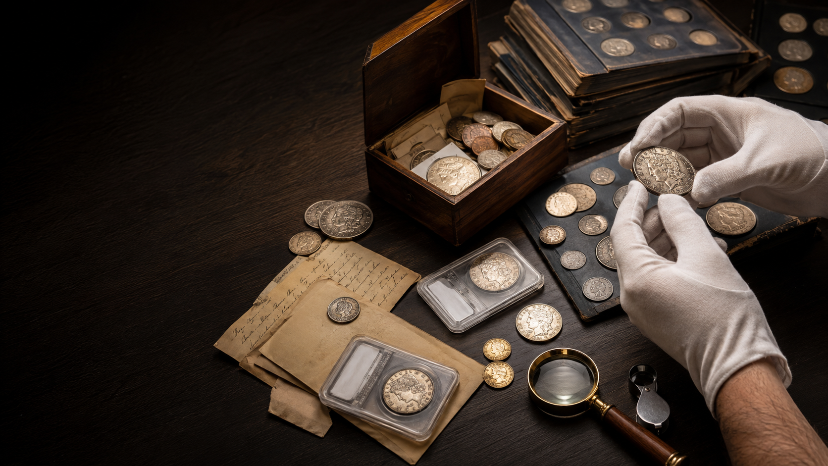 Inherited coin collection being professionally evaluated at Sahara Coins in Las Vegas.