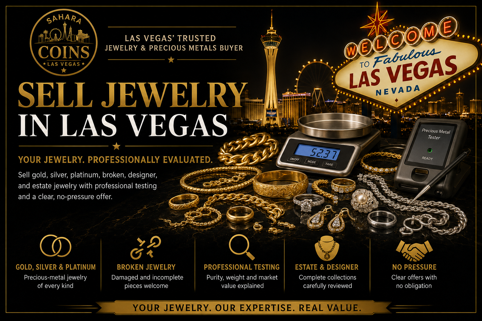 Gold, silver, platinum and estate jewelry professionally evaluated by Sahara Coins in Las Vegas.