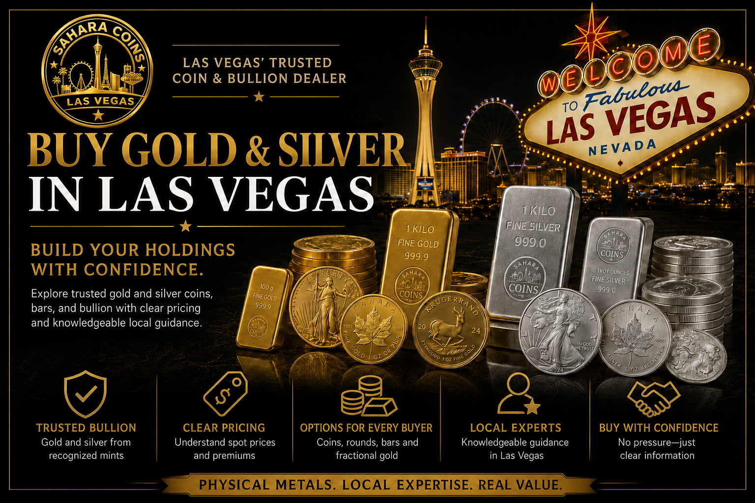 Gold and silver bullion coins and bars available at Sahara Coins, a trusted precious metals dealer in Las Vegas.