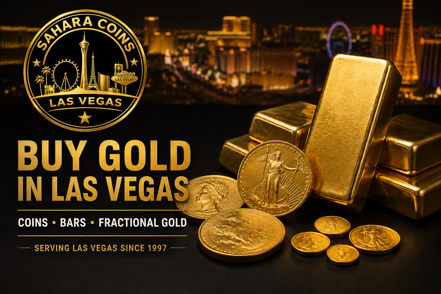 Sahara Coins Buy Gold in Las Vegas graphic featuring gold coins, gold bars and fractional gold against the Las Vegas skyline.