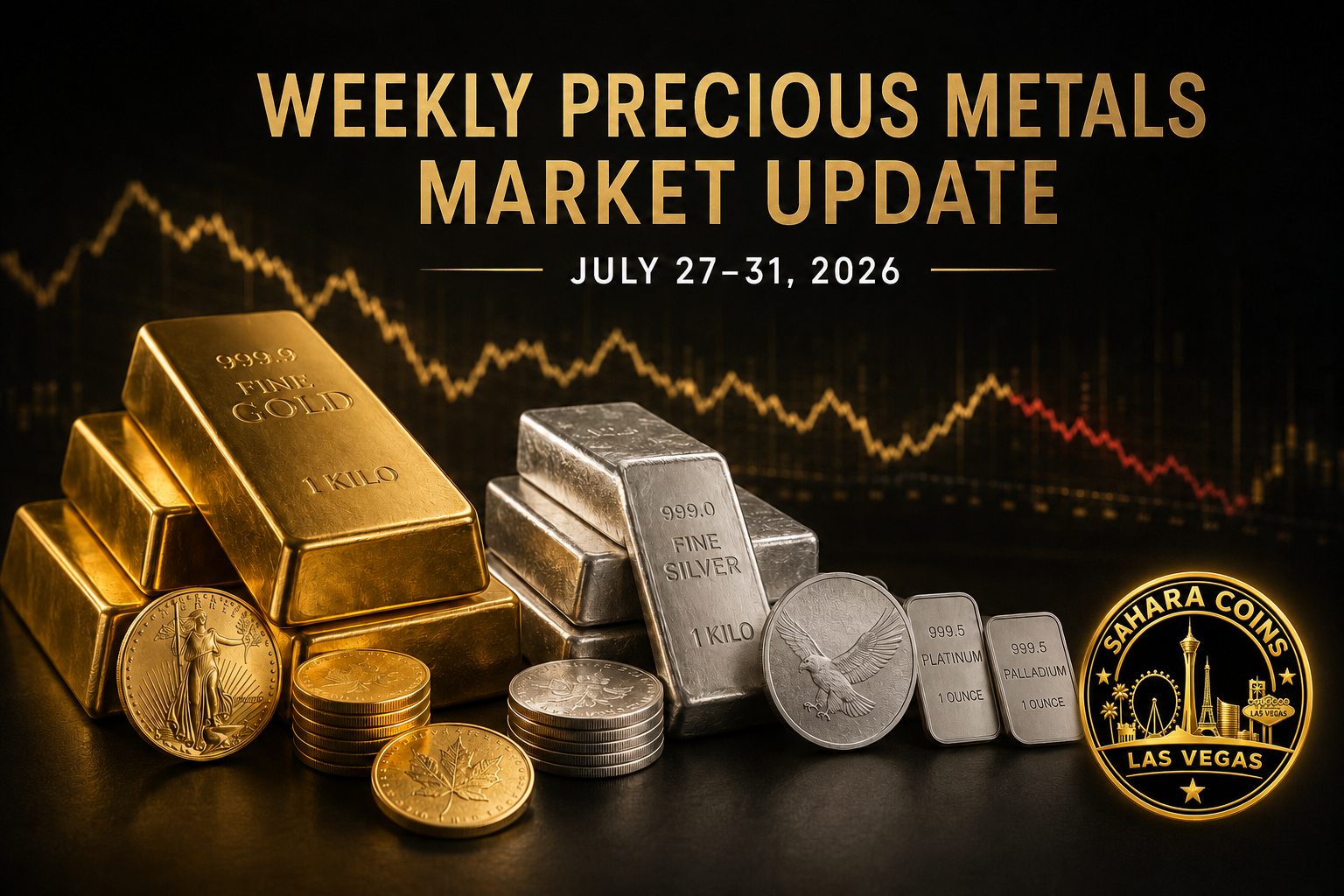 Weekly gold, silver, platinum, and palladium market update for July 27 through July 31, 2026 from Sahara Coins in Las Vegas.