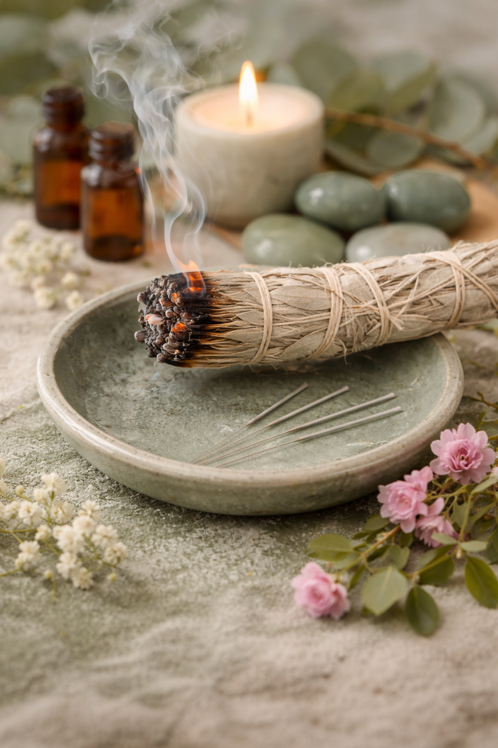 A bundle of smoldering sage on a ceramic plate surrounded by spa items including candles, stones, essential oil bottles, and flowers.