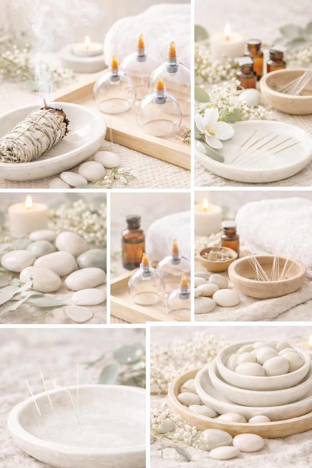 Spa and relaxation setup with white stones, candles, assorted bottles, wooden bowls, incense sticks, and spa accessories arranged on soft fabric and natural elements.