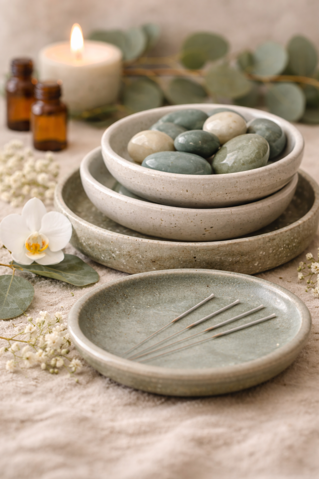 Stacks of ceramic bowls filled with smooth, oval stones, set on a neutral fabric with decorative flowers, eucalyptus leaves, a lit candle, small amber bottles, and acupuncture needles nearby.