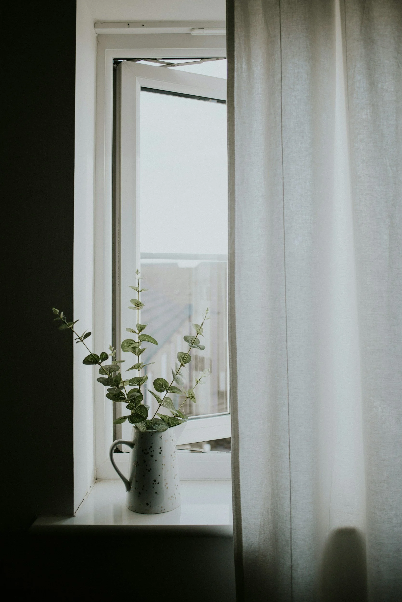 A white windowsill with a white flowering plant in a speckled white and black pitcher, a window with an open vent, and beige curtains partially covering the right side.