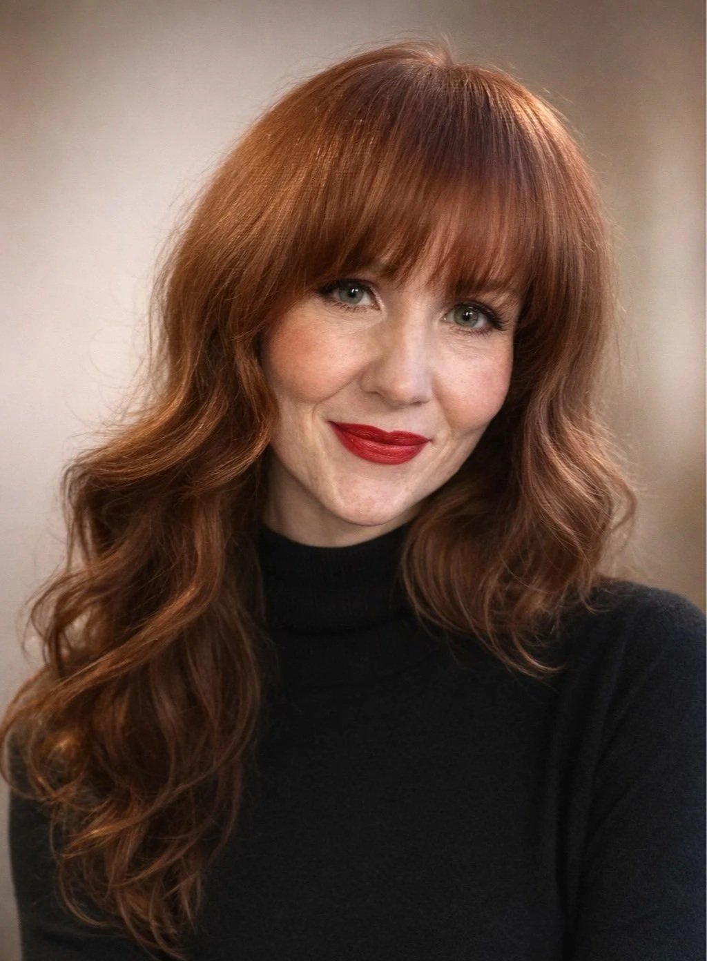 A woman with wavy red hair wearing a black top, smiling with red lipstick, in front of a neutral background.