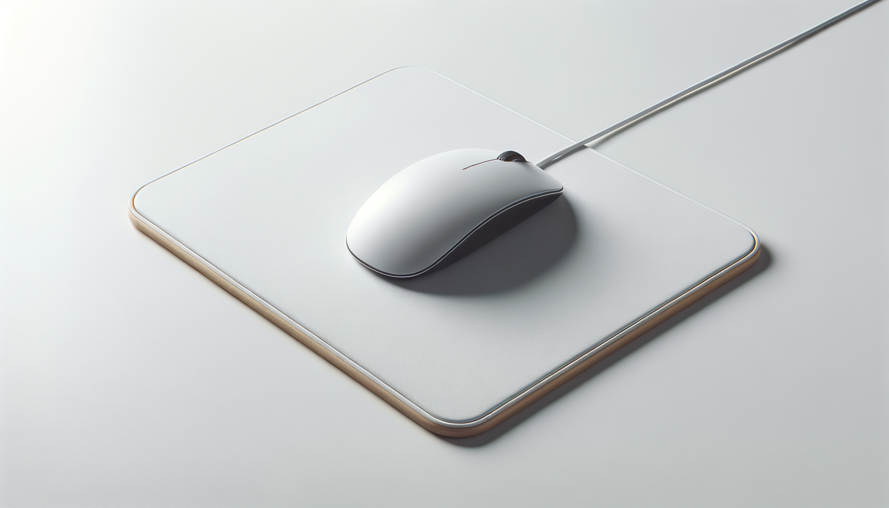 A sleek, wireless computer mouse with a silver finish on a white mouse pad, connected via a thin wire, with a modern, minimalist design on a white surface.