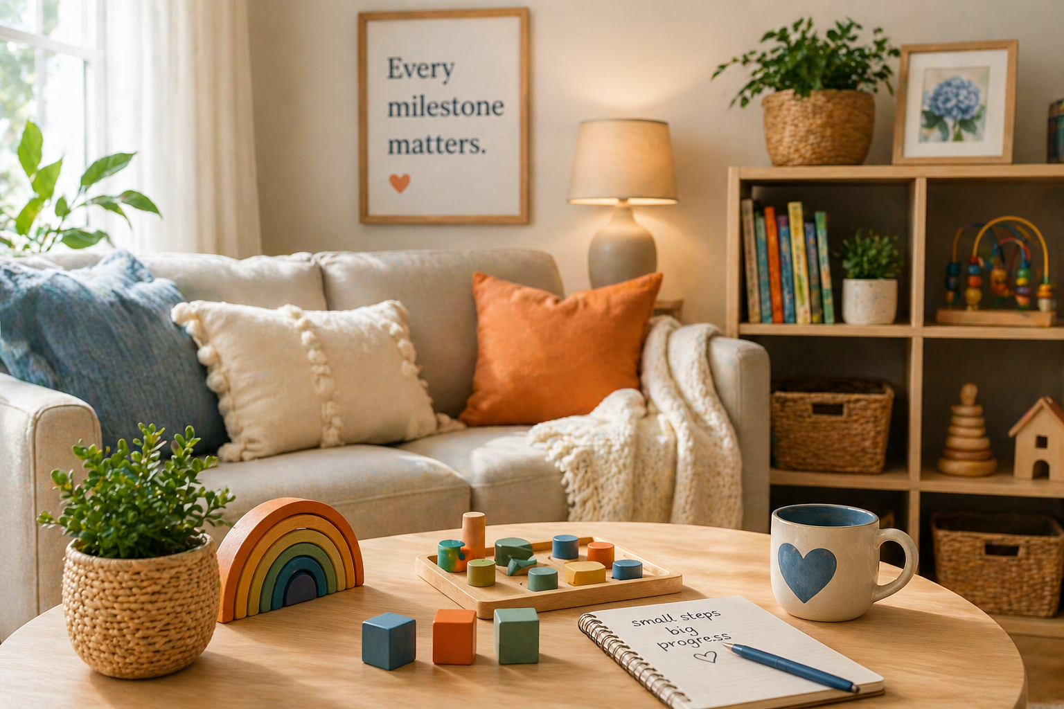 Cozy living room with a beige sofa, colorful pillows, a bookshelf with plants and books, a wooden table with a rainbow, blocks, a notebook, and a mug, bright natural light from the window.